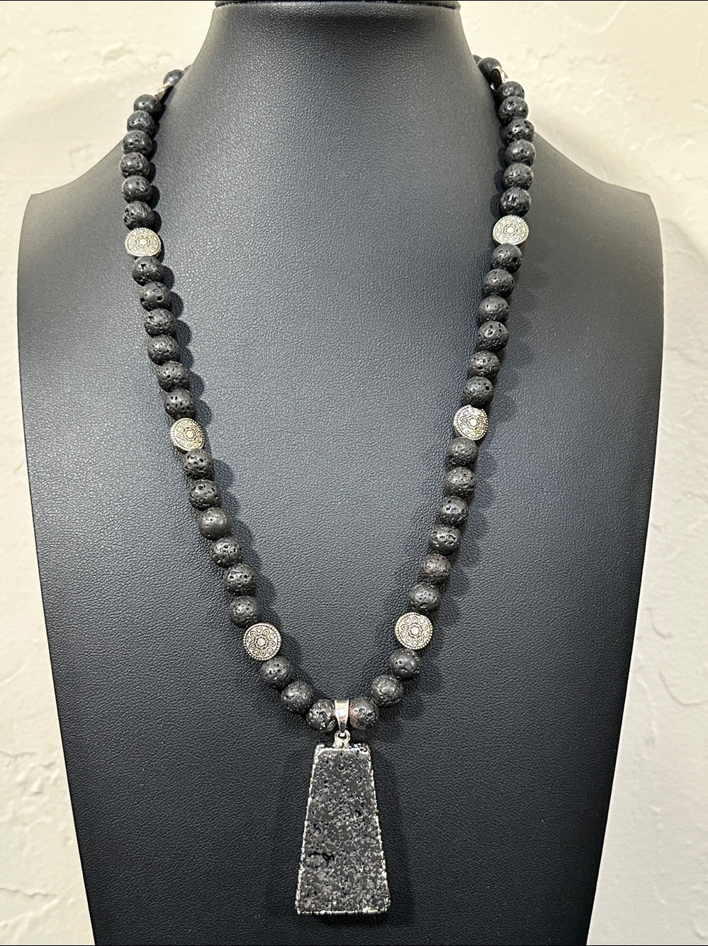 Artisan Black Lava Rock Beaded Necklace Silver Electroplated Pendant w/ Toggle